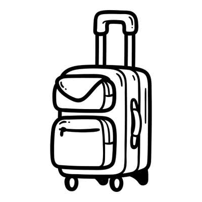 Rolling carry-on suitcase with an extended handle, two zippered front pockets, a side grip and wheels