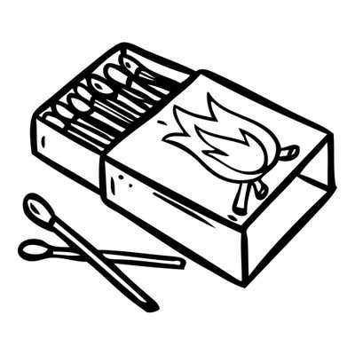Open matchbox showing a row of match heads, a lit match pictured on the sleeve and two loose matches in front
