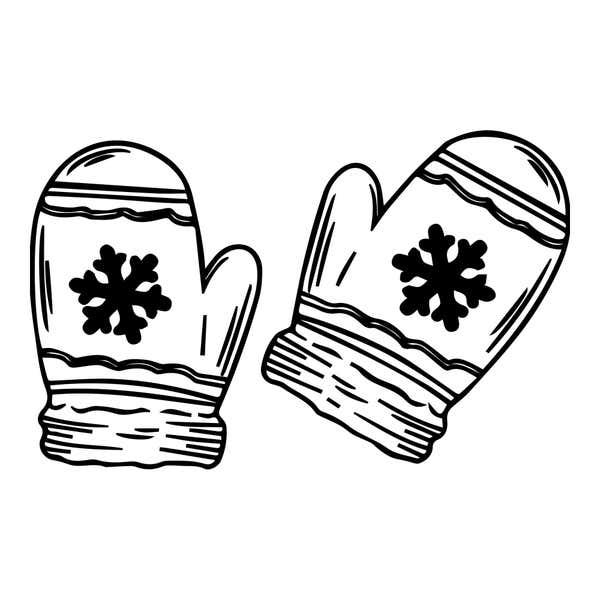 Pair of mittens with solid snowflakes, wavy bands near the fingertips and ribbed cuffs, one upright, one tilted