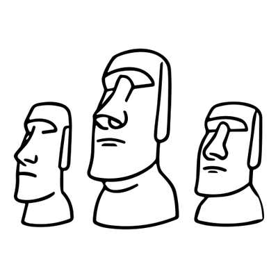 Three moai heads with heavy brows, long noses and elongated ears, the center figure tallest