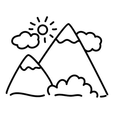 Two snowcapped mountain peaks with a shining sun, puffy clouds and bushes at their base