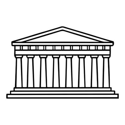 Parthenon front with a triangular pediment, a frieze band, eight columns and a three-step base