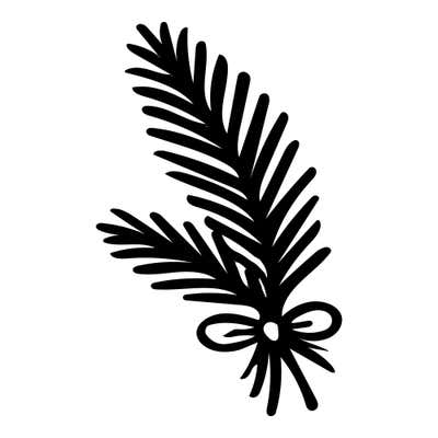 Two pine boughs with dense solid needles, bundled at the base and tied with a small looped bow