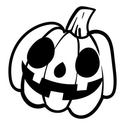 Pumpkin with big solid black oval eyes, a teardrop nose, a wide grin with three blocky teeth and a curved stem