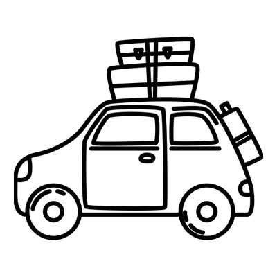 Small car with two suitcases strapped to the roof and a capped canister on the back