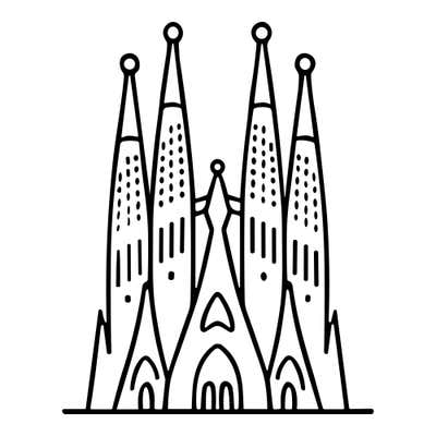 Sagrada Familia with four tall spires topped by ball finials, dotted openings and pointed arch doorways