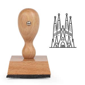 Sagrada Familia Craft Stamp standing upright beside its black stamped Sagrada Familia image