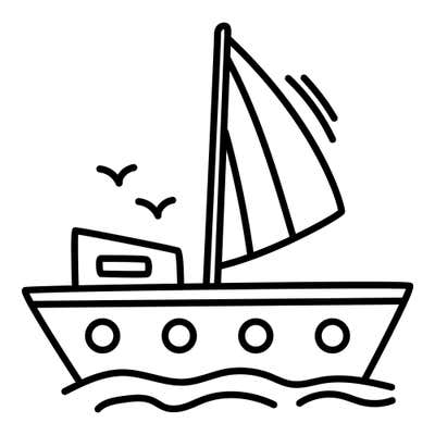 Small boat with a cabin, a tall mast and sail, four portholes, waves below and two seagulls overhead