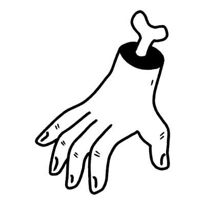 Cartoon severed hand standing on its fingertips, a bone sticking out of the solid black wrist, with knuckle and nail lines
