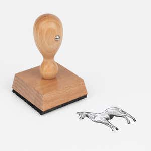 Sketched Horse Craft Stamp at an angle with its wooden handle and block