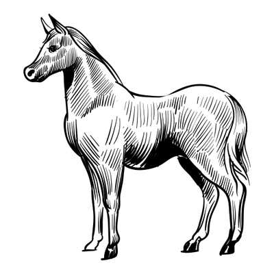 Finely sketched horse standing alert with ears pricked, short mane, long tail and hatched shading on its coat