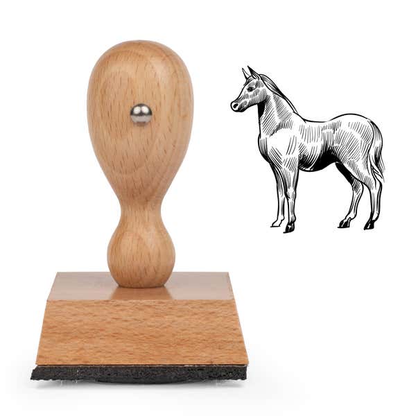 Sketched Horse Craft Stamp standing upright beside its black stamped sketched horse image