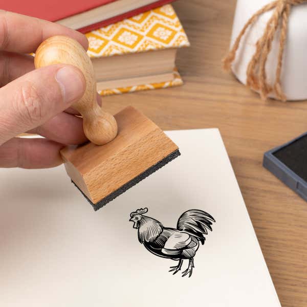 Hand pressing the Sketched Rooster Craft Stamp onto cardstock beside a black ink pad