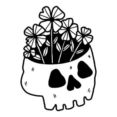 Skull with an open top sprouting a bouquet of flowers and leaves, solid black eye sockets and nose, and blocky teeth