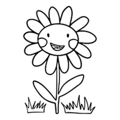 Smiling daisy with dot eyes, rosy cheeks and a toothy grin on a leafy stem between two spiky tufts of grass