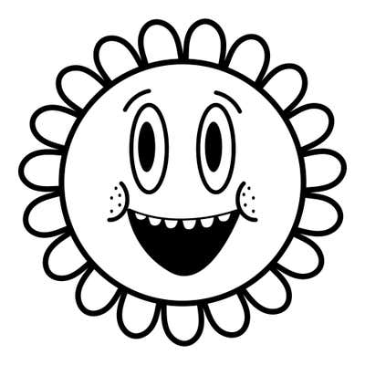 Retro cartoon flower face with tall oval eyes, brow arcs, a toothy grin and dotted cheeks in a ring of small petals