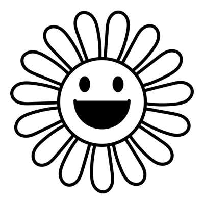 Happy flower face with solid oval eyes and a big open black smile, ringed by long slender rounded petals