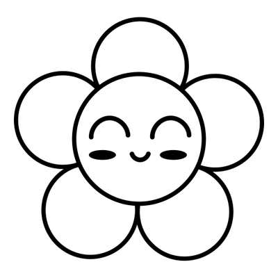 Flower face with closed curved eyes, solid oval blush cheeks and a tiny smile, framed by five large round petals