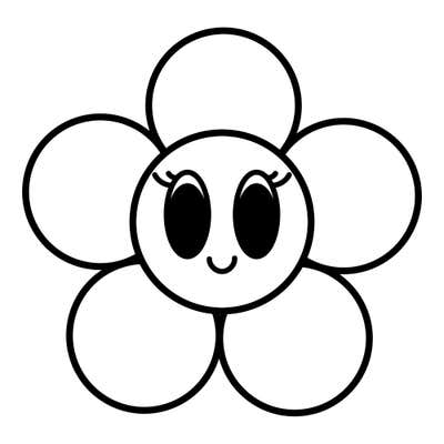 Five-petal flower face with two large solid oval eyes topped by lashes and a small curved smile