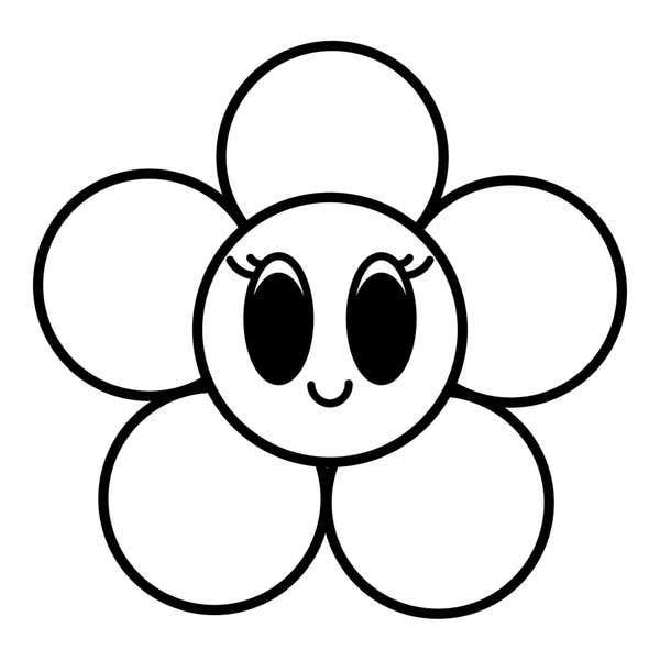 Five-petal flower face with two large solid oval eyes topped by lashes and a small curved smile