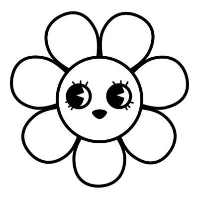 Six-petal flower face with round black eyes holding bright highlights, curled lashes and a small solid nose