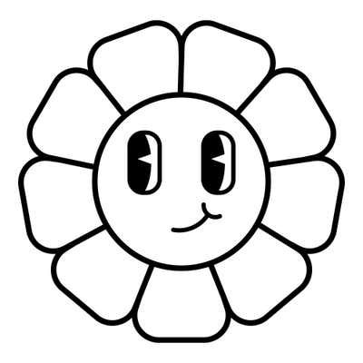 Vintage cartoon flower face with tall pie-cut eyes and a sideways smirk, ringed by ten blocky rounded petals