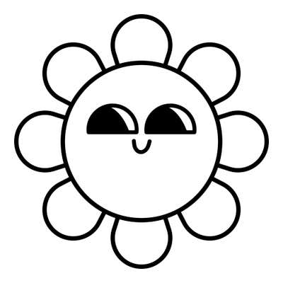 Flower face with half-moon black eyes glancing up and sideways and a tiny smile, ringed by eight round petals