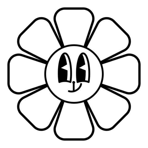 Flower face with tall notched eyes and a lopsided grin inside eight chunky rounded-square petals