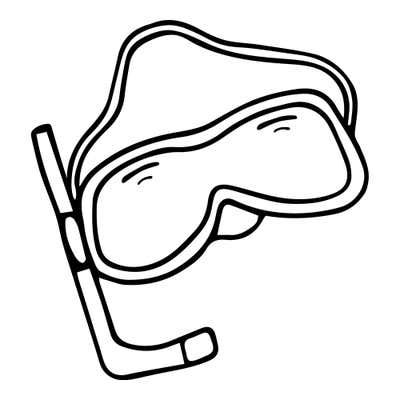 Snorkel mask with twin lenses and a wide strap beside a snorkel tube with a mouthpiece