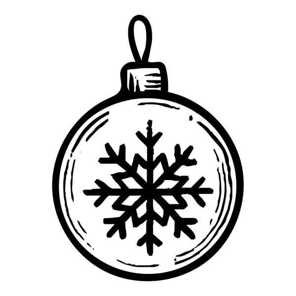 Round ornament with a cap and hanging loop, a sketched inner rim and a solid branching snowflake at the center