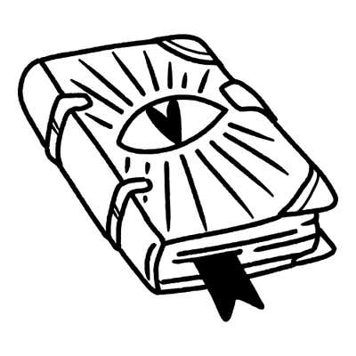 Closed spell book at an angle with a staring eye and rays on the cover, two side clasps and a black ribbon bookmark