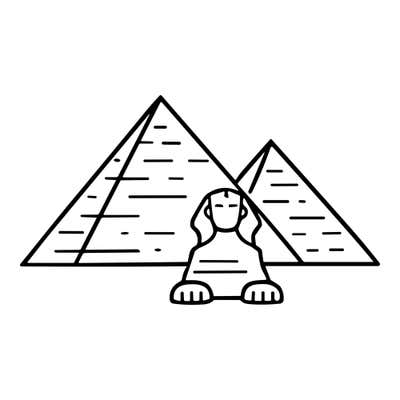 Great Sphinx with outstretched paws resting in front of two pyramids marked with stone-course lines