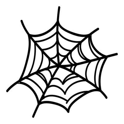 Spider web with long threads radiating from the center and sagging curved strands, drawn in bold even black lines