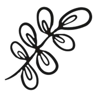 Leafy sprig on a curving diagonal stem with loopy outlined leaves, each holding a smaller inner loop