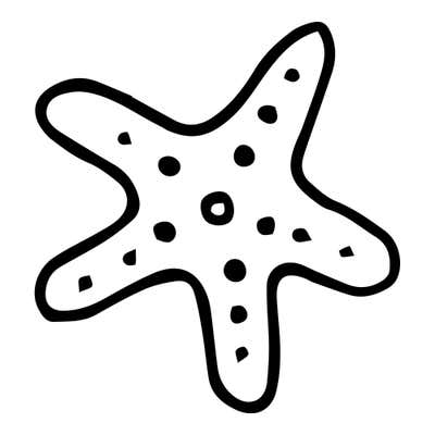 Starfish in a single bold outline with five soft wavy arms, a small ring at the center and scattered solid dots