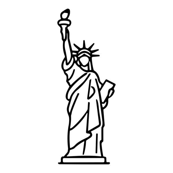 Statue of Liberty raising her torch, wearing a rayed crown and holding a tablet, on a pedestal