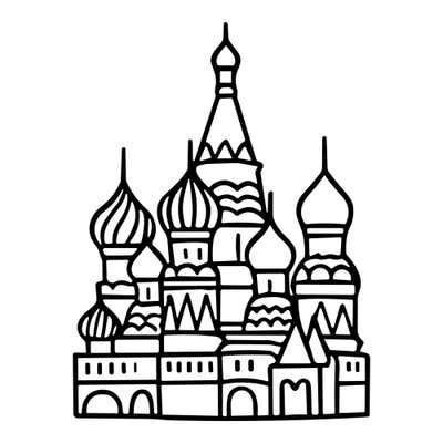 St. Basil's Cathedral with patterned onion domes, a tall central spire and arched walls