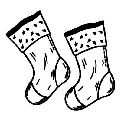 Two Christmas stockings side by side with flecked cuffs, sketch-lined bodies and outlined heels and toes
