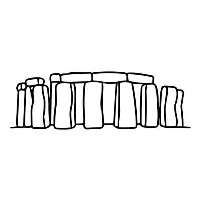 Stonehenge as a row of standing stones with lintels across the tops and a few lone stones at each end