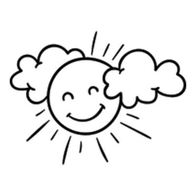 Smiling sun with closed happy eyes peeking out between two puffy clouds, short straight rays shining out on all sides