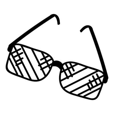 Sunglasses with open arms and lenses filled with diagonal stripes and crosshatched glints