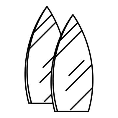 Two pointed surfboards standing side by side with diagonal glint lines