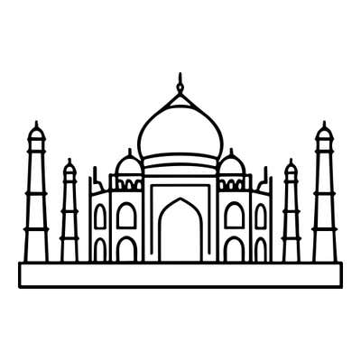Taj Mahal with a central onion dome, two smaller domed pavilions, a tall arched entrance and four minarets