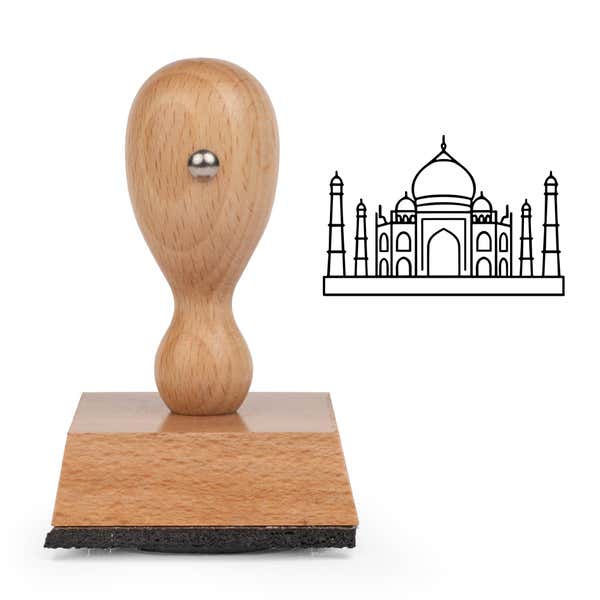 Taj Mahal Craft Stamp standing upright beside its black stamped Taj Mahal image