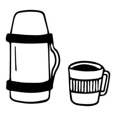 Insulated flask with two solid black bands and a side handle beside a ribbed mug holding a dark drink