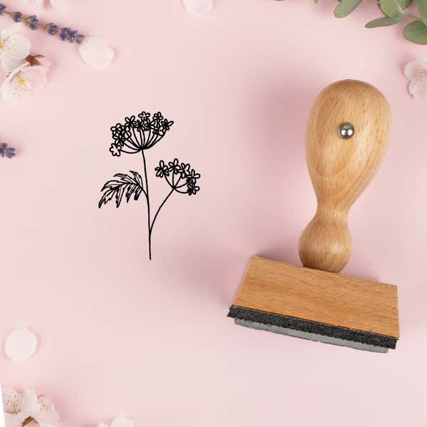 Lacy umbel wildflower stamped in black on pink cardstock with lavender sprigs and blossoms