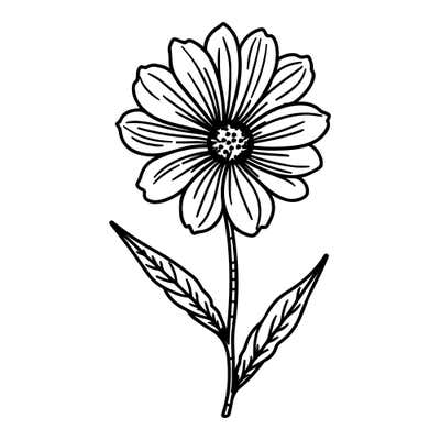 Daisy with long lined petals around a center of tiny open dots and two serrated veined leaves on a tall stem