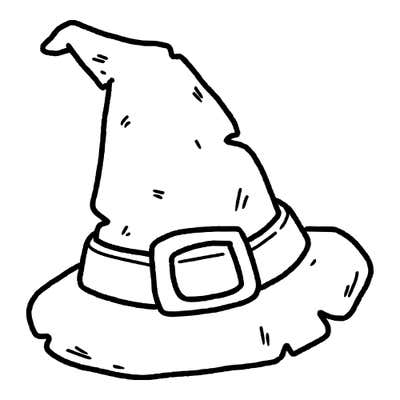 Witch hat with a bent tip, a band and large buckle at the base, a wide wavy brim and small crease marks