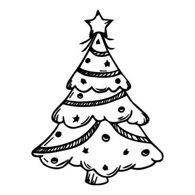 Christmas tree with a star topper, scalloped tiers, striped garland bands and tiny dot and star ornaments