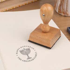 Happy Hanukkah Menorah Rubber Stamp beside stamp impression